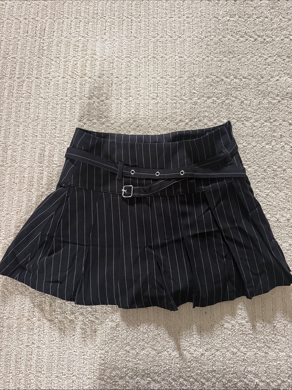 Black Pinstripe Pleated Mini Skort with Belt